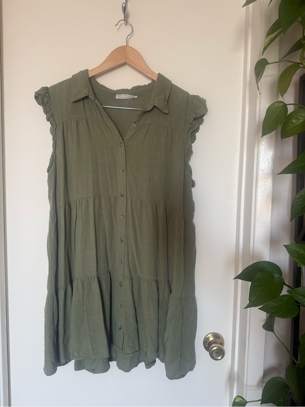 Lucky Brand Olive Green Tiered Button Front Ruffle Sleeve Dress XL